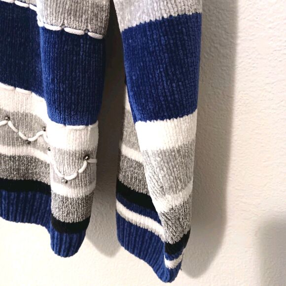 Alfred Dunner Chenille Stripe Beaded Sweater Sz L Blue White Black Gray Crewneck - Picture 4 of 11